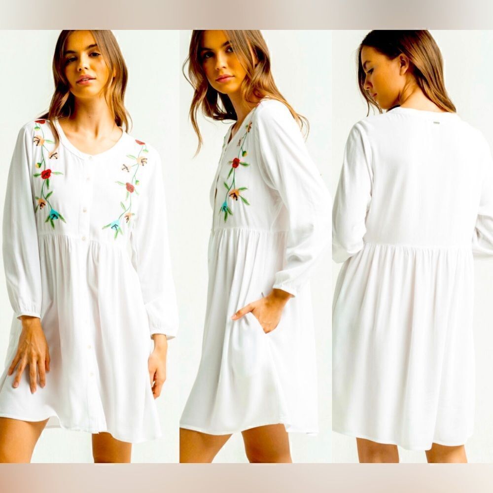 O'neill Edan White Embroidered Floral White Button Down Dress Womens Size S